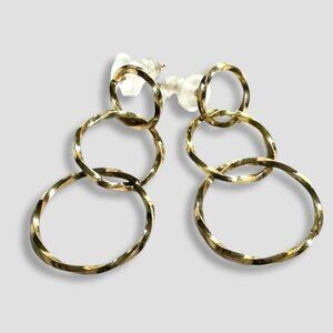 Hammered Drop Earrings Triple Linked Open Circle Hoops Post Back Closure Gold OS